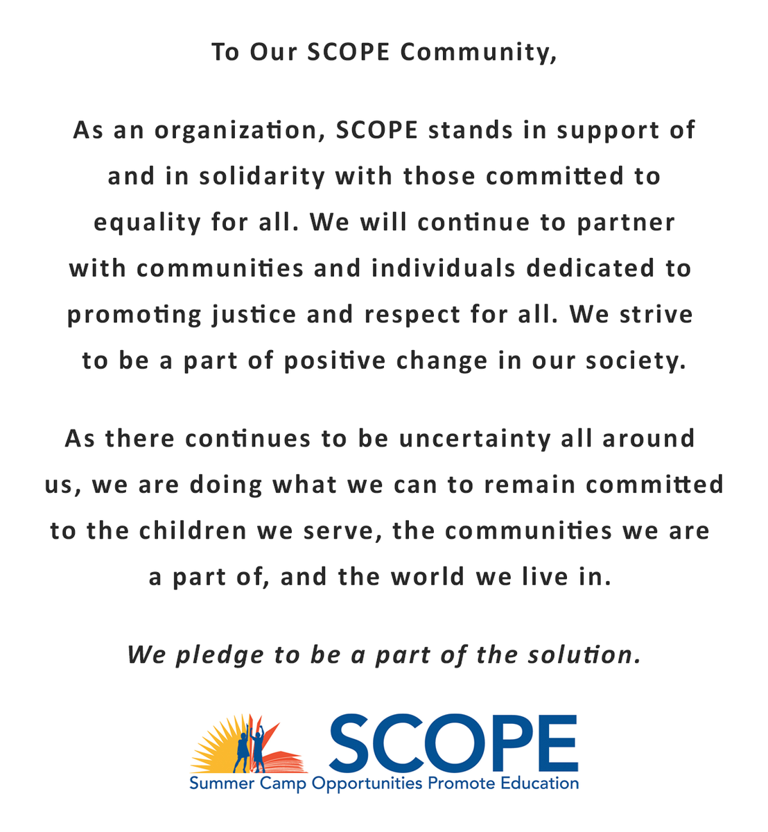SupportSCOPE's tweet photo. As an organization SCOPE pledges to be a part of the solution.
#blacklivesmatter #support #solidarity https://t.co/0mOsdagkgH