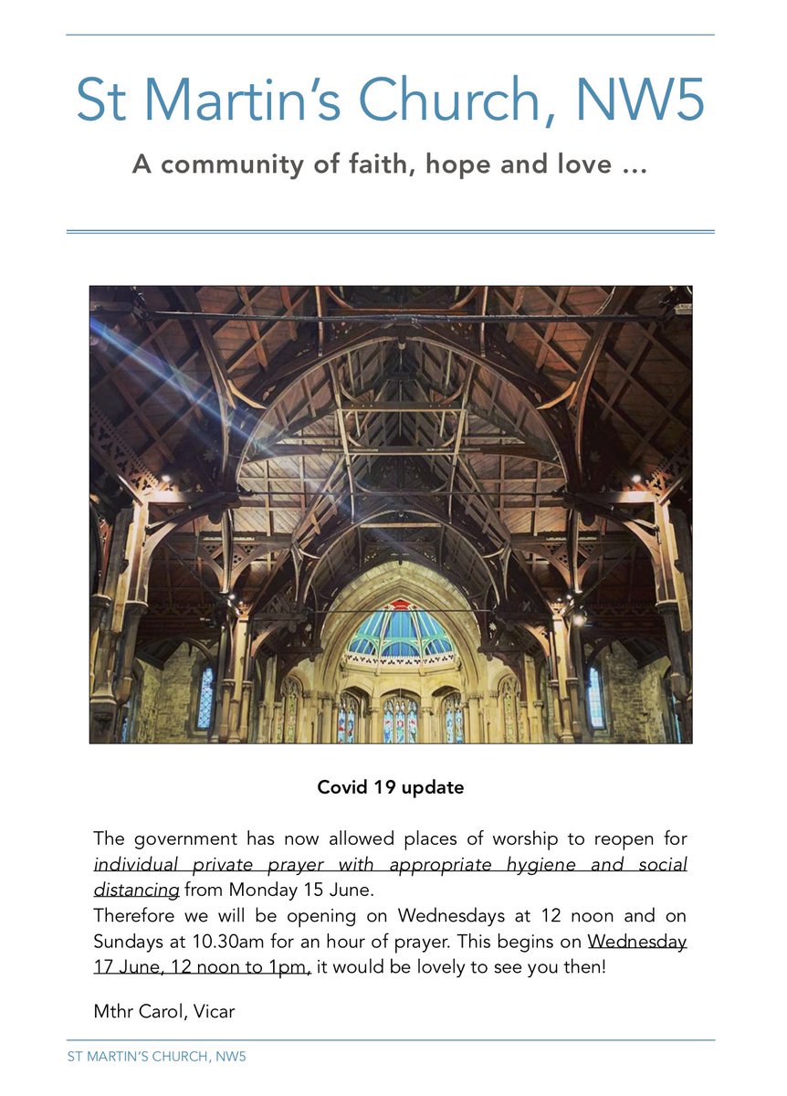 Save the date! <a href="/StMartinsNW5/">St Martin's Gospel Oak</a> will reopen for a 'holy hour' of private prayer on Wednesday 17 June from 12 noon to 1pm. Would be lovely to see all our friends! Please RT💕🙏 @bpedmonton <a href="/emmanuelnw6/">Emmanuel Church, West Hampstead</a> <a href="/parishnw6/">@parishnw6</a> <a href="/StMaryMagsNW1/">St Mary Magdalene 🏳️‍🌈</a> <a href="/QCCA_CEO/">Foyezur Miah</a> <a href="/KTCityFarm/">Kentish Town City Farm</a> <a href="/bishopSarahM/">BishopSarah</a> <a href="/lppgsoak/">Gospel Oak LPP J Cox</a>