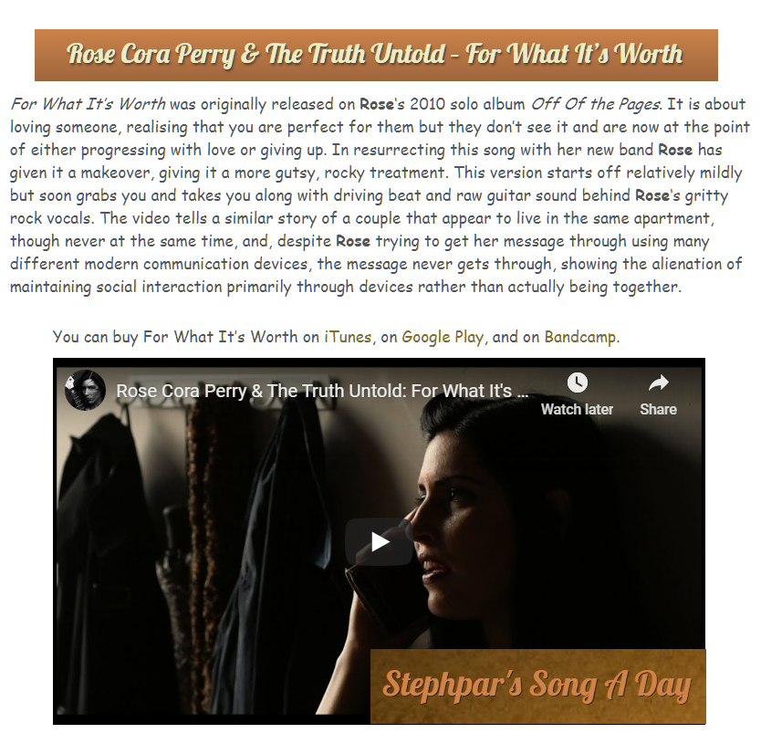 AWESOME write-up on #TheTruthUntold's latest #musicvideo #ForWhatItsWorth thx @stephpar5! Did you know this song is a 'remake' from one of my solo albums? 
#RockTrackaDay #RockSongaDay #SongaDay #StephparsSongaDay #OtherSideoftheStory #RockTuneaDay #Rockband #NewRock #RockMusic