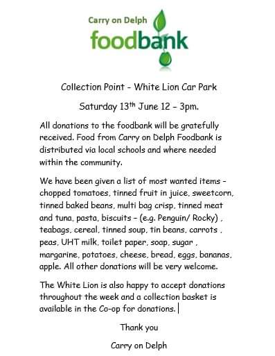 Calling all Delphers! Having worked our way through our foodbank reserves, we need a bit of a replenish of stocks!! If you can spare the time and the groceries, please come along tomorrow to the White Lion or donate at the Co-OP checkout! Help us help Delph 😘 #CarryOnDelph