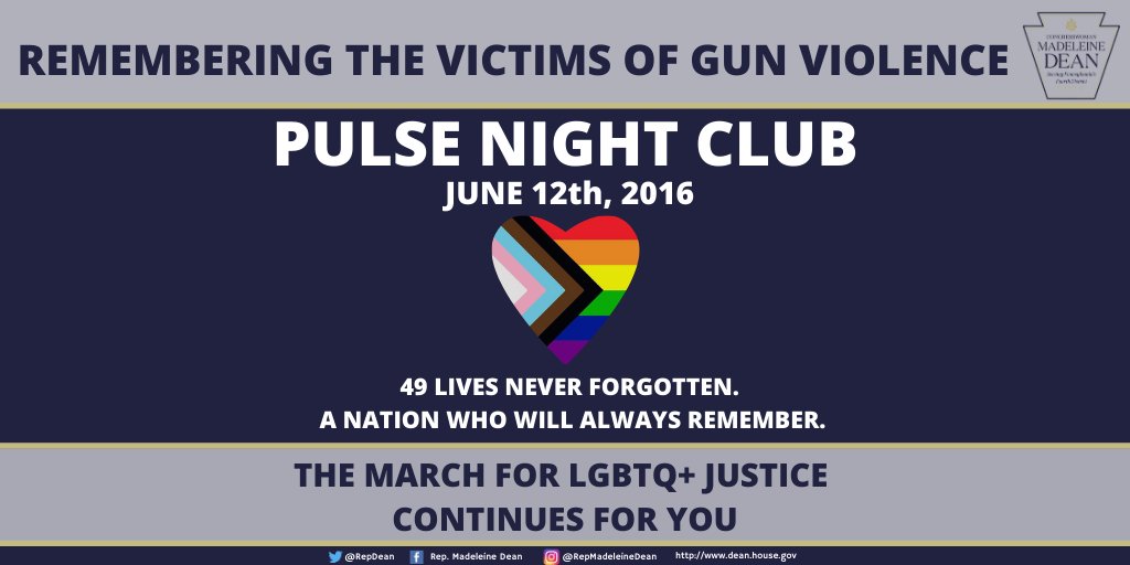RepDean's tweet photo. On this day, we are reminded of one of the deadliest acts of violence on the LGBTQ+ community. We cannot forget these 49 precious souls — and we must #HonorThemWithAction and pass gun violence prevention bills, #HR8 and #HR112. https://t.co/cWoQmKPswV
