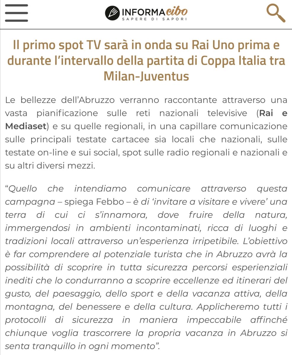 EdTroiano's tweet photo. IN TV STASERA per GLI AMANTI DEL CALCIO E DELL'ABRUZZO
Turismo Abruzzo: presentata la campagna di comunicazione per ripartire
Assessore #Febbo: stasera prima e dopo la partita Milan - Juventus su:
https://t.co/nT2t0GQzht
@savinovurchio @pino_zuliani @paoloigna1 @Regione_Abruzzo https://t.co/JtBF0boR5g