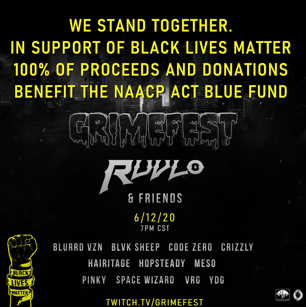 GRiMEFEST RUVLO &amp; FRIENDS TONIGHT!!

Featuring:
<a href="/ruvlomusic/">RUVLO</a> 
@codezeromusic
<a href="/vrgmusic/">VRG</a>
<a href="/blvksheepmusic/">YUNG VRO</a>
@mesowobbly
<a href="/space_wizard/">Merlin Armstrong</a>
<a href="/crizzly/">CRIZZLY</a>
<a href="/hopsteadymusic/">Hopsteady</a>
<a href="/itsydg/">YDG</a>
@robpinkston
<a href="/_blurrdvznmusic/">boujee vatos 🦋</a>
<a href="/HairitageMusic/">HAIRITAGE</a>

Twitch.tv/grimefest