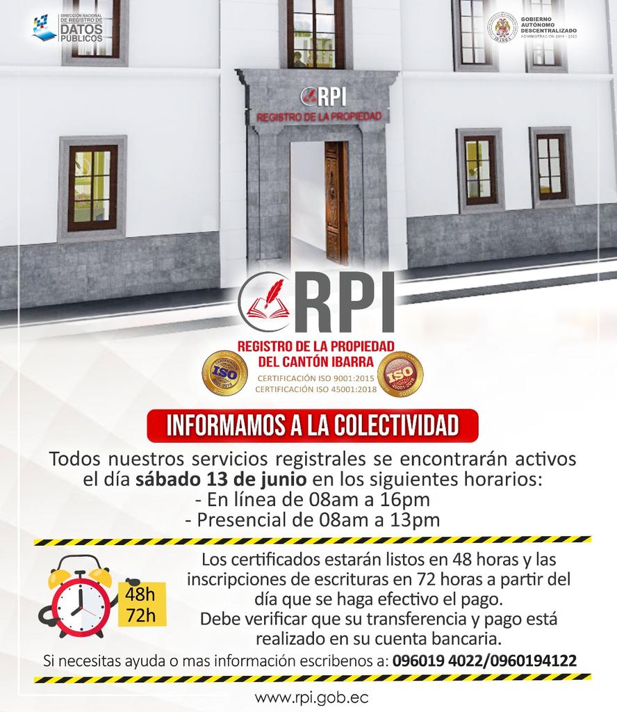 PATRICIOROSAS1's tweet photo. #RPI_Informa | El Registro de la Propiedad del Cantón Ibarra informa a la colectividad que todos nuestros servicios registrales estarán disponibles el día sábado 13 de junio, entérate más en la siguiente publicación: https://t.co/KG4UAI4yLt