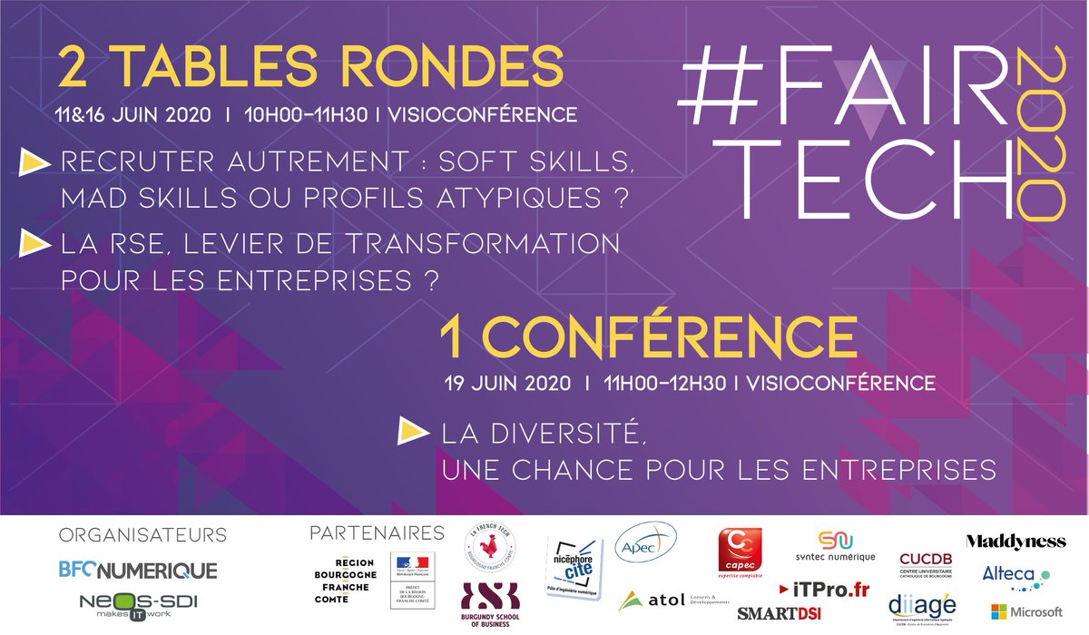 BFCnum's tweet photo. ⌛📣#Rappel #FairTech2020 retrouvez le programme de cette semaine ! Table Ronde et Conférence en visio, inscrivez-vous vite !#RSE #Diversité #transformation 👉https://t.co/xVQiy6NzJu @Neos_SDI @bl_evolution @bfc_region @syntecnumerique @LaFrenchTech @microsoftfrance @bymaddyness https://t.co/SzbPniPkx7