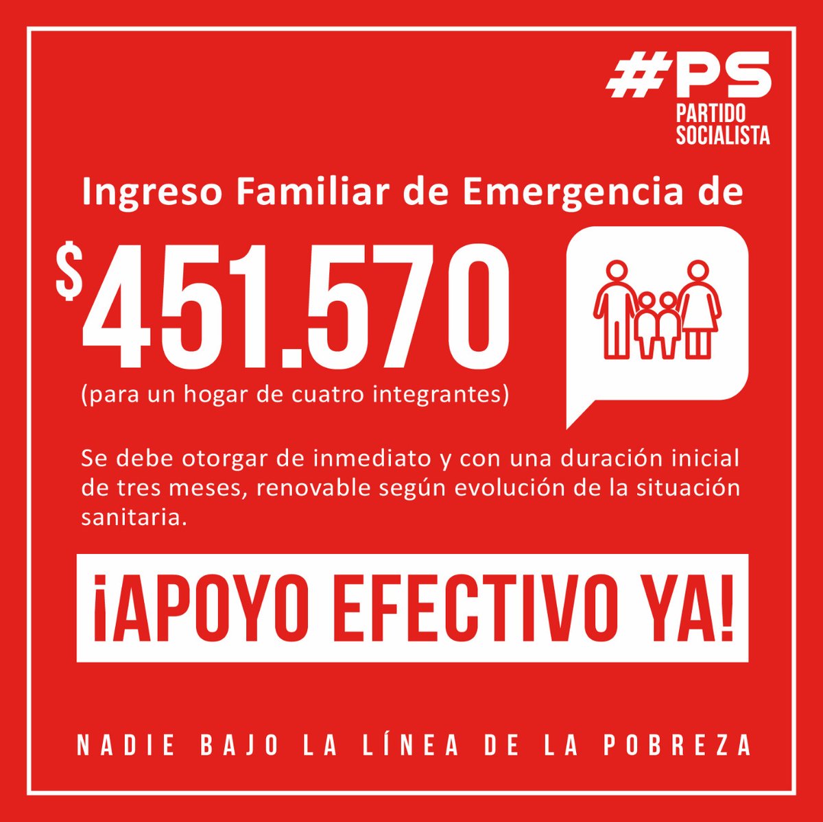 PSChile's tweet photo. Las familias no pueden seguir esperando. Necesitamos ahora un verdadero Ingreso Familiar de Emergencia para apoyar a todos y todas quienes lo están pasando mal por la crisis sanitaria y económica #450LucasPorFamilia y #ApoyoEfectivoYa https://t.co/kVHpCOKSGY