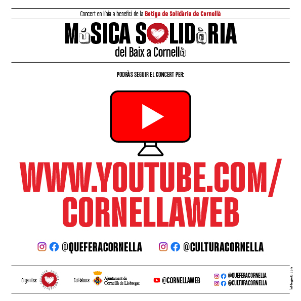 ConcertCornella's tweet photo. Música Solidària del Baix a Cornellà

Concert solidari a benefici de la Botiga Solidària de Cornellà

Amb les actuacions de: @estopaoficial @NilMoliner @mikinunez @nerearoficial @carlos_right @RuthJoveMusic
  
Amb la participació de: @rosalia @Aitanax @alfredgarcia https://t.co/n68EEjjEjH