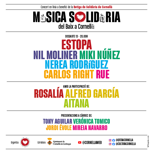 ConcertCornella's tweet photo. Presentat per: @TonyAguilarOfi @jordievole @VeronicaTomico @MireiaNG

Dissabte 13 Juny 20:00 hores

Ho podràs veure a:
Canal @Youtube: Cornellaweb
@Instagram @Facebook: Que fer a Cornella / Cultura Cornella https://t.co/gpxVjNxwZw