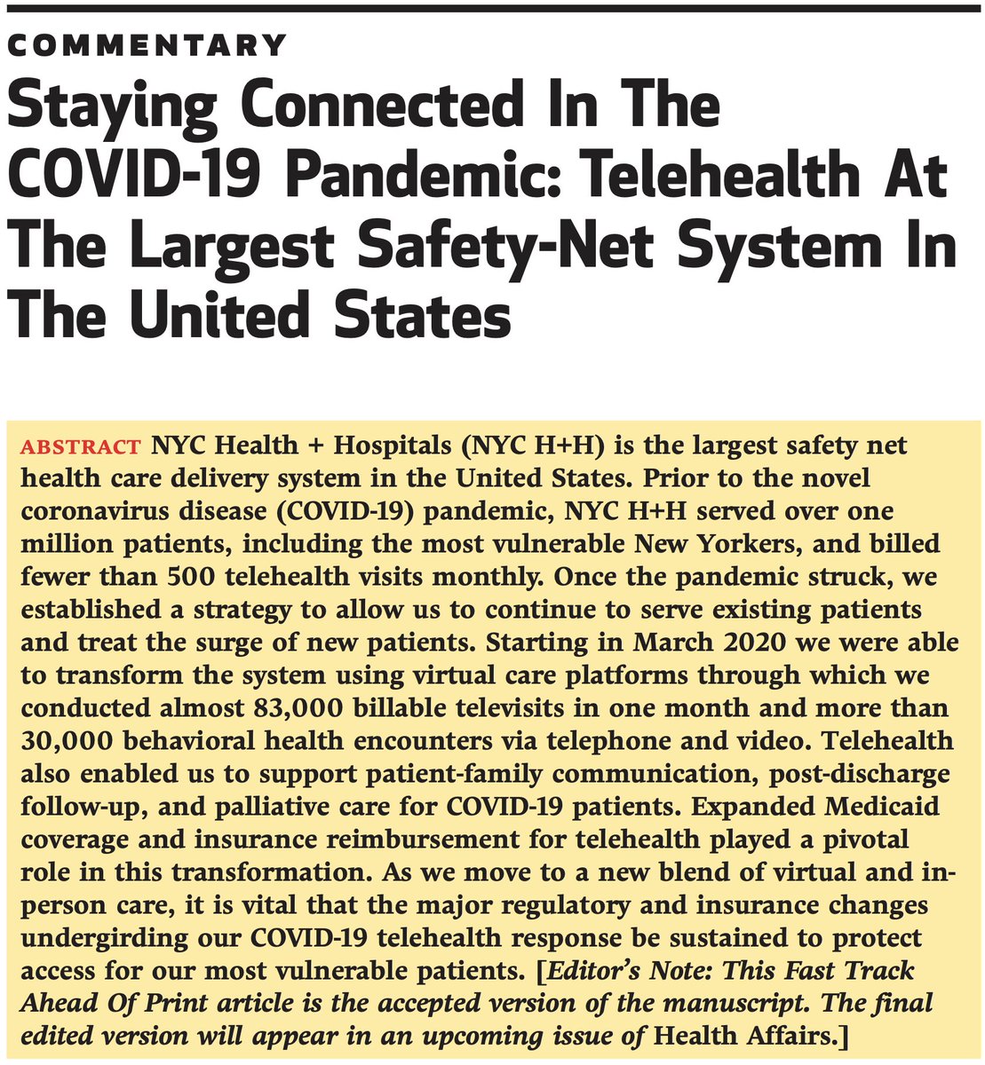 davechokshi's tweet photo. The @NYCHealthSystem approach to #telehealth was key to serving thousands of #COVID19 patients—but also for continuing to care for the millions of New Yorkers vulnerable in this pandemic. 

Our learnings captured here: https://t.co/56Wo37TIOv @Health_Affairs #openaccess https://t.co/7WdzQtWQHy