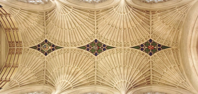 There's a hundred different types of ceiling and I'm not gonna get into that here, but basically cathedrals generally have "vaulted" ceilings. The main types are "Rib Vaults" (have 'ribs' running diagonally) "Fan Vaults" (v.fancy) and "Barrel Vaults" (semi-circular)