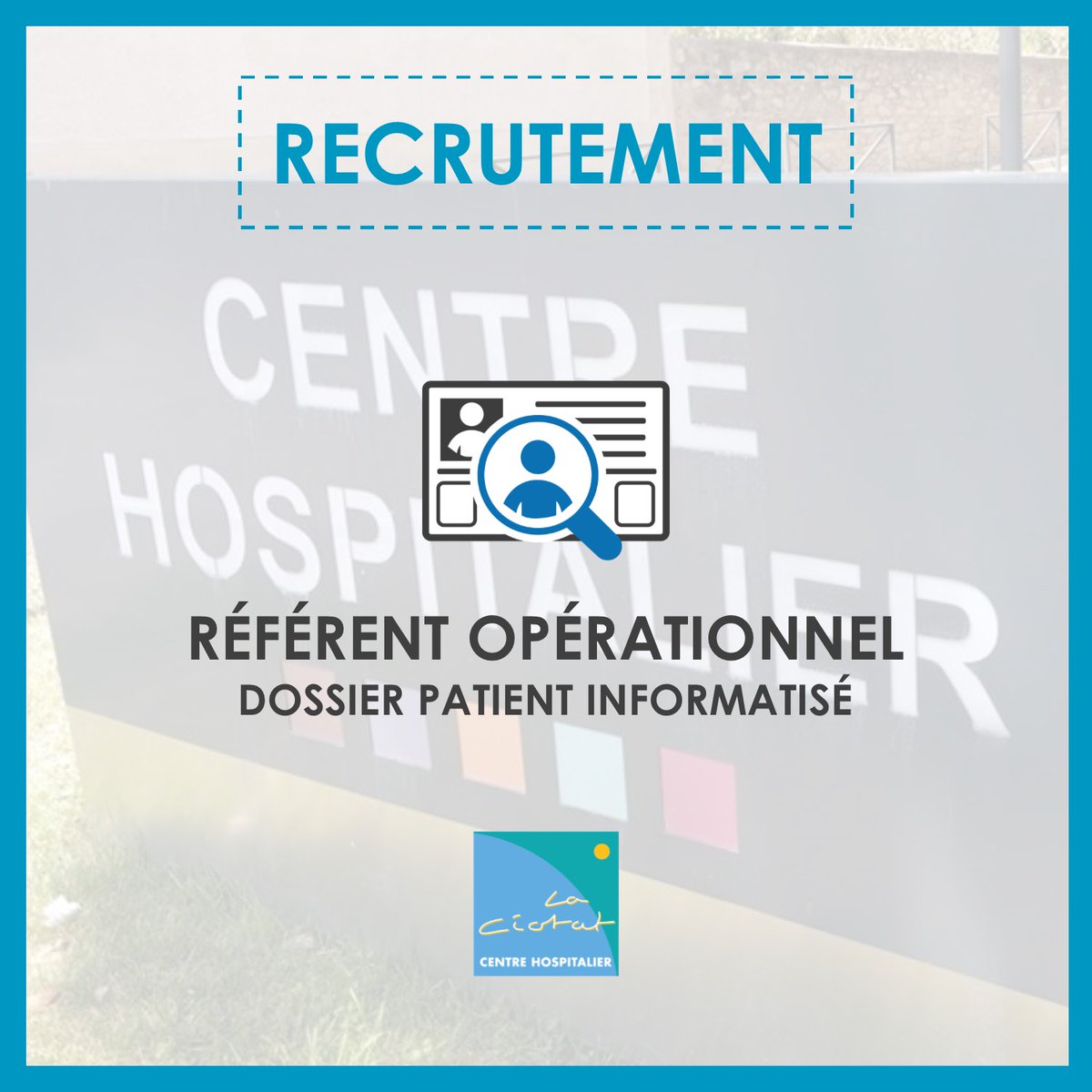 OFFRE D’EMPLOI
L'<a href="/HopitalLaCiotat/">Centre Hospitalier de La Ciotat</a> recherche un Référent Opérationnel Dossier Patient Informatisé🏥
👉 Vous êtes rigoureux et avec l'esprit d'initiative ?😁
Envoyez votre candidature à recrutement.drh@ch-laciotat.fr 📧 
Pour plus d'infos ➡ bit.ly/37rxIXI