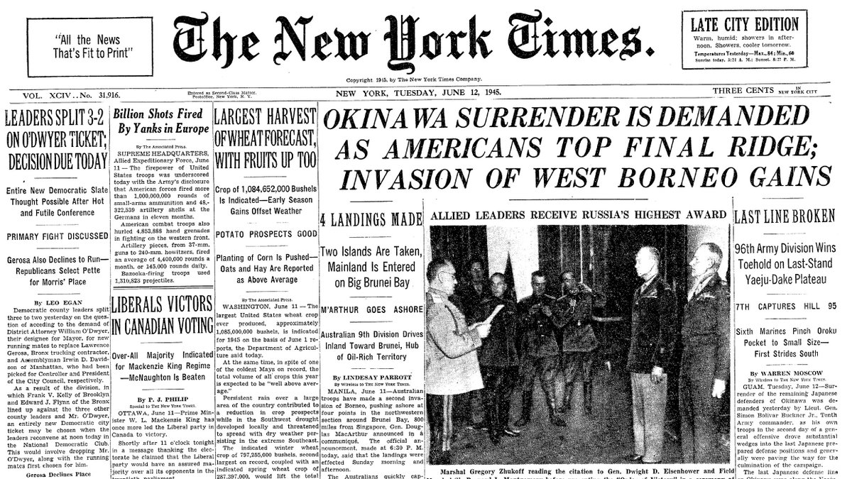 June 12, 1945: Okinawa Surrender is Demanded as Americans Top Final Ridge; Invasion of West Borneo Gains  https://nyti.ms/2B0SVvq 