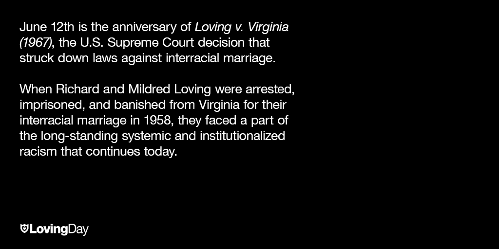 Today is Loving Day. It took nearly nine years for the Lovings to win their case. But the fight against systemic racism isn’t over. Let’s take action as individuals and as a community. More details on LovingDay.org #blacklivesmatter #lovingday