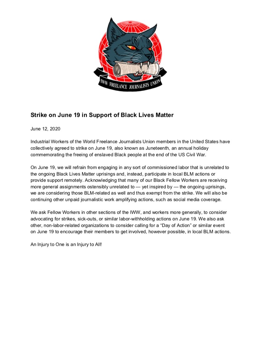 IWWFJU's tweet photo. WE'RE STRIKING ON JUNE 19 IN SUPPORT OF BLACK LIVES! JOIN US! https://t.co/KDC6WlnwSW