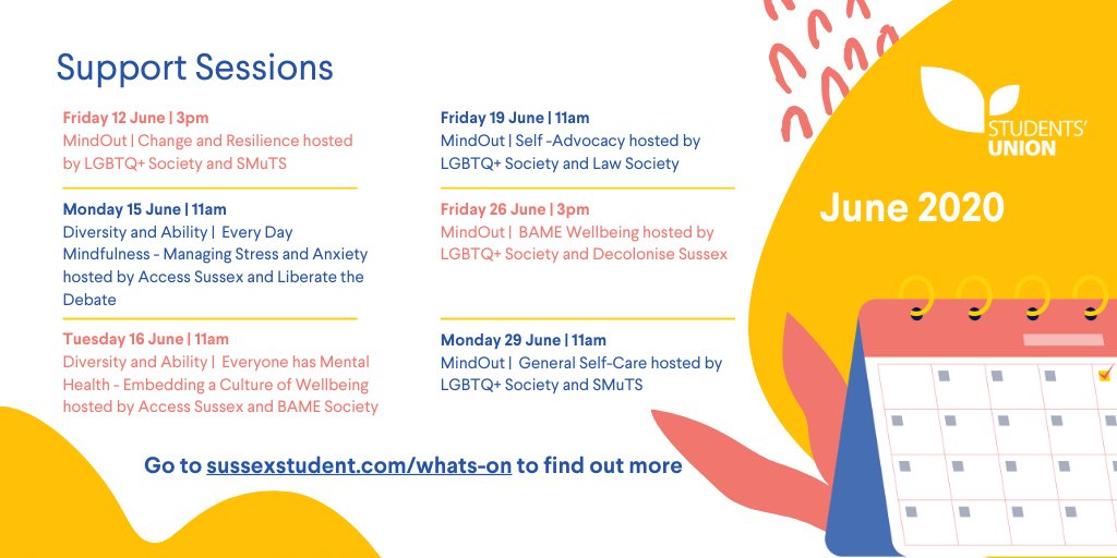⭐ In June we have a few Support Sessions planned for you, co-hosted by SU societies. 🌈 Kicking it all off with the first session today - Change and Resilience with MindOut for LGBTQ+ people and two more sessions early next week! Find out more here: ow.ly/9KBA50A5Qdr