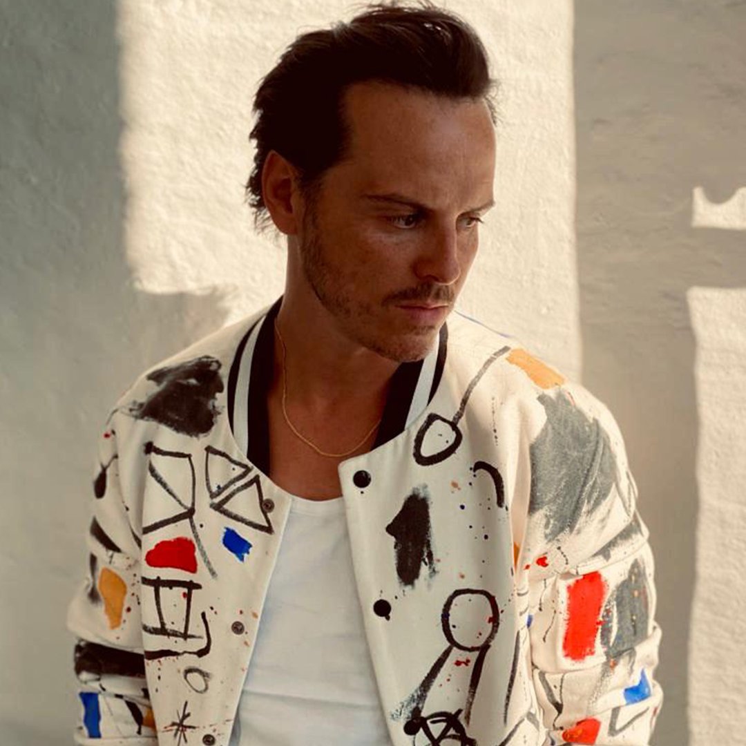 'I love the zero waste and sustainability vibe of @TEATUMJONES and the Vanilla Ice vibe of this jacket.' #AndrewScott wears a jacket from the brand's collaboration with artist Tom Leamon for #FashionAtHome. See more: bit.ly/FashionAtHome