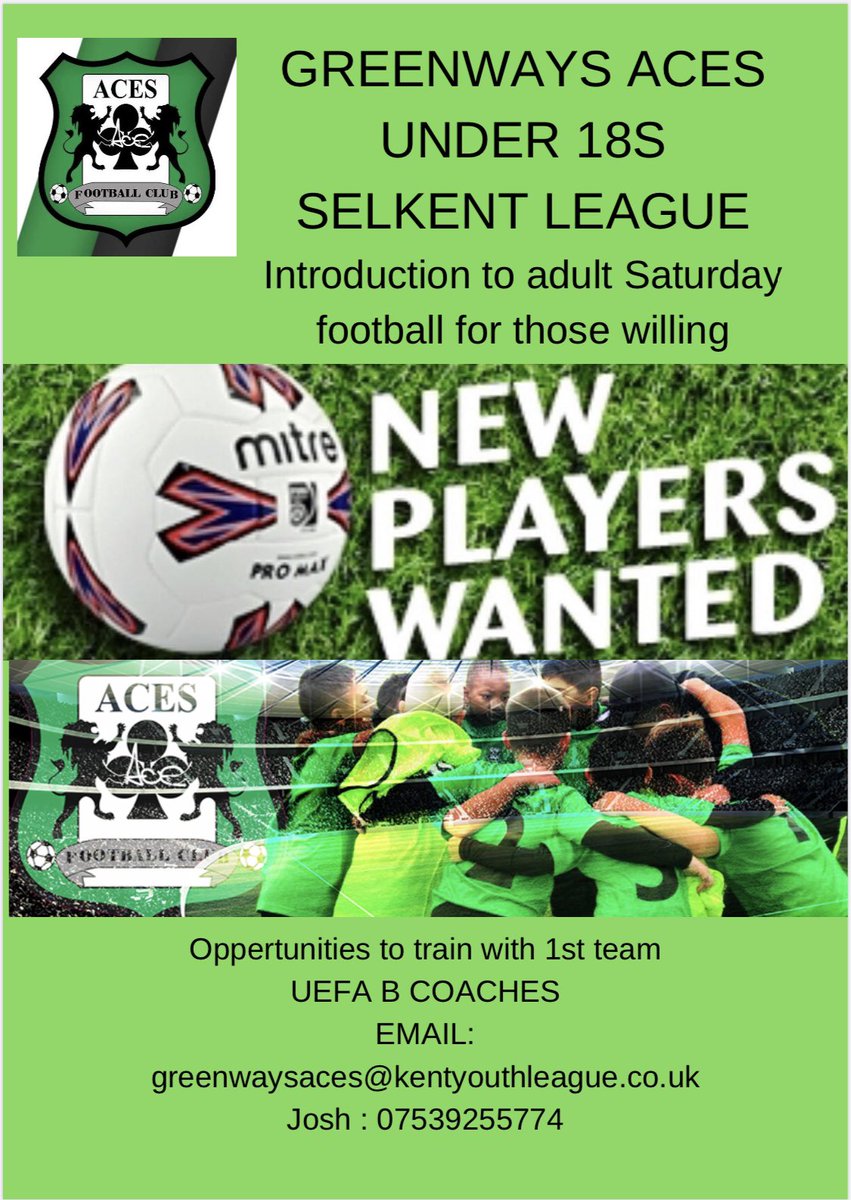 Greenways Aces FC (@greenwaysacesfc) on Twitter photo U18’s players wanted #greenwaysacesfc #aces #ACES #grassrootfootball #football #players U18’s players wanted #greenwaysacesfc #aces #ACES #grassrootfootball #football #players