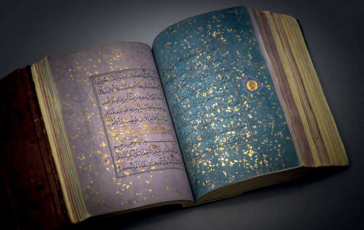 A heartstoppingly beautiful 15th century Timurid Qur'an copied on Ming Dynasty gold-painted colored paper, is coming up for auction  @ChristiesInc in London on 25th July. Estimate $780 000 - $1.2m. Only four other similar Qur'ans written on Chinese paper like this are known. 1/2