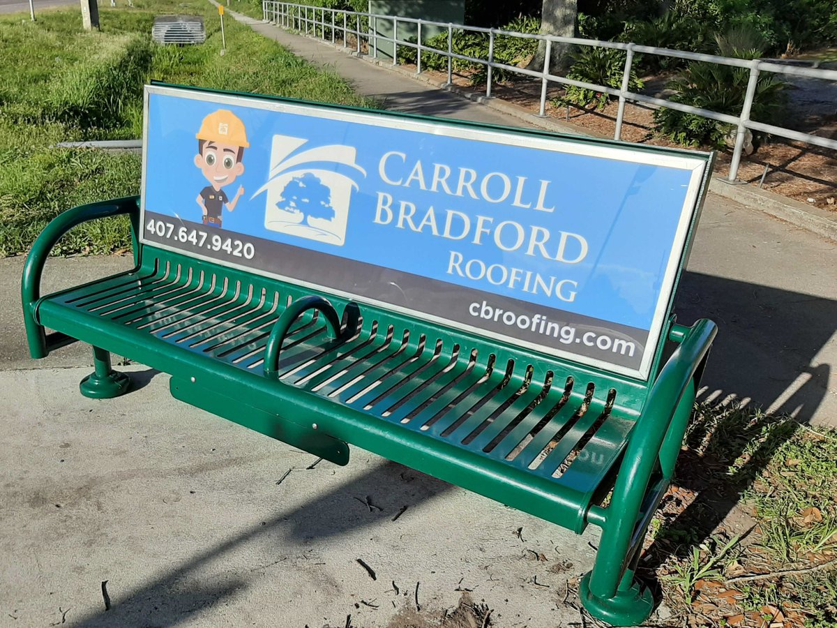 COASigns's tweet photo. Let's RAISE THE ROOF for Carroll Bradford Roofing who had 2 new bench signs installed in #OrangeCounty #Florida. You will find their signs at N. Orlando & Glendon and S. Semoran & Hanging Moss. Keep your eyes out for their 3rd bench sign being added on mid-July! #BenchSigns #OOH https://t.co/H9ZqNHva79