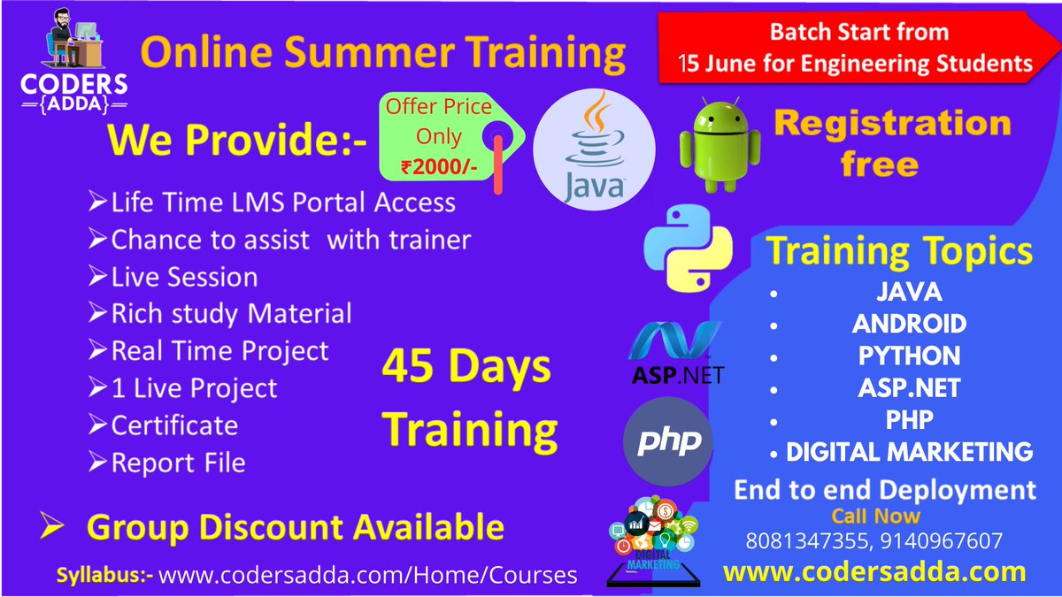 codersaddadct's tweet image. Our Online Summer Training are designed to give you the perfect EDGE in your career goals.
Most of Candidates have Successfully Registered on our E-learning website codersadda.com
DigiCoders Technologies Private Limited Lucknow.