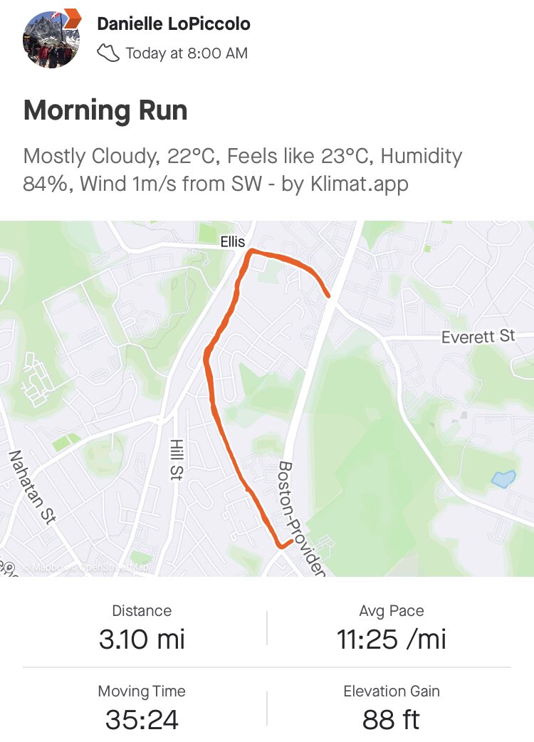Running in Norwood MA this morning  for the <a href="/burnslev/">Burns & Levinson LLP</a> team in this years virtual #LHHBoston community!  Time to get heart healthy! www2.heart.org/goto/DaniRuns. Sometime slow and steady doesn’t win the race...but it shows up and finishes it!