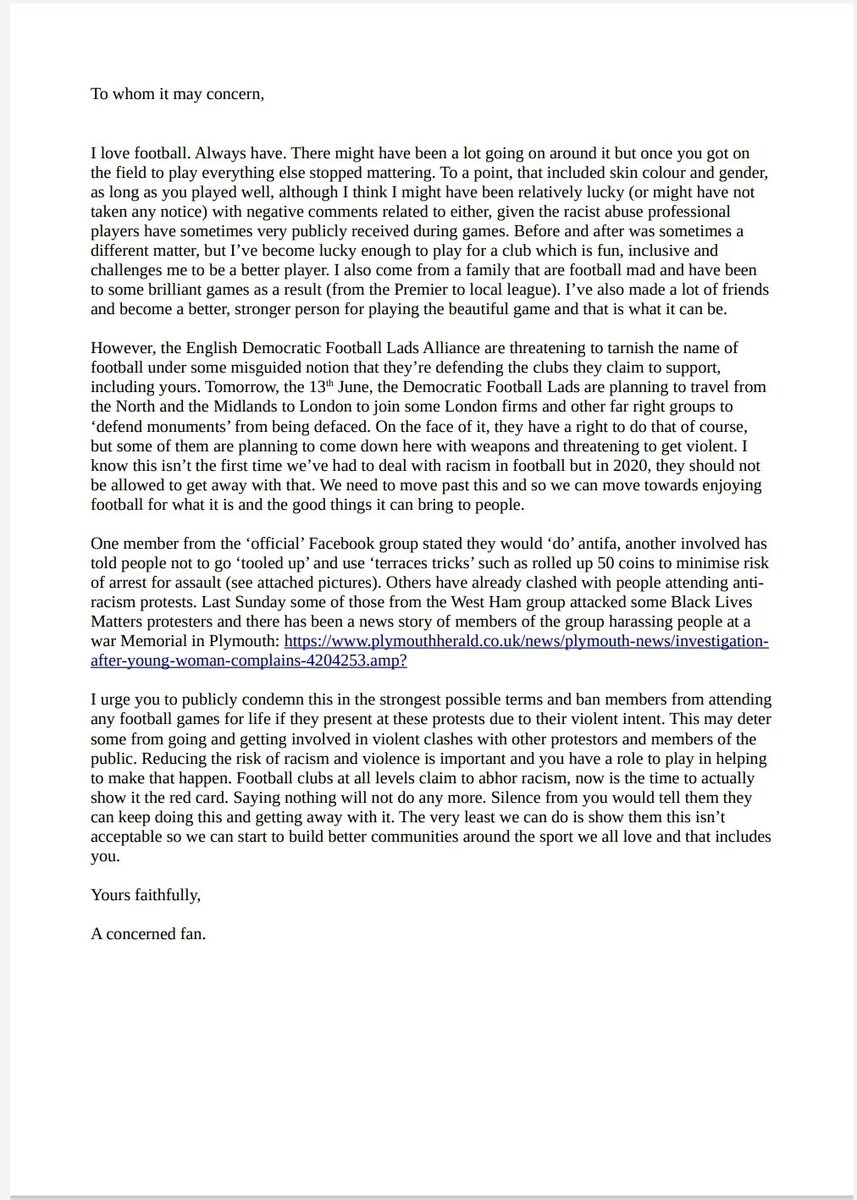 MovingWPurpose's tweet photo. An open letter to football clubs to speak out against the Democratic Football Lads Alliance coming to London tomorrow due to the risk of violence and racist behaviour towards #BlackLivesMatter protestors with evidence @premierleague @arsenalfc @astonvilla @BirmimghamCity https://t.co/mXQyXPYdHX