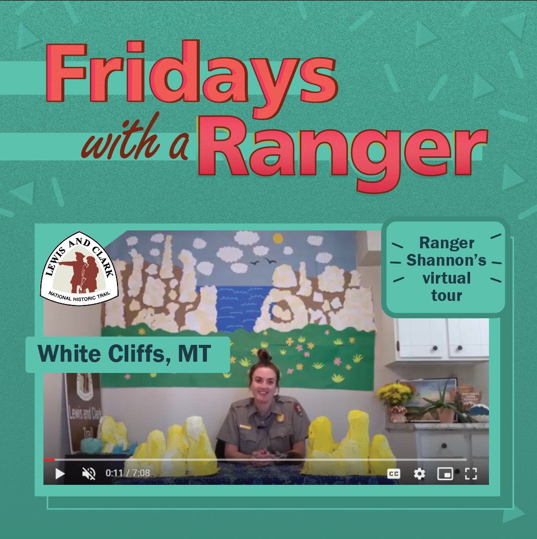 LewisandClark National Historic Trail. Fridays with a Ranger. White Cliffs, Mt. Ranger Shannon's virtual tour. Park ranger in uniform sits at a dining table amid a hand made set of White Cliffs pinnacles. A handmade paper cutout behind her depicts a backdrop of a blooming meadow, and puffy cloud sky, with white cliff pinnacles on either side of a river.