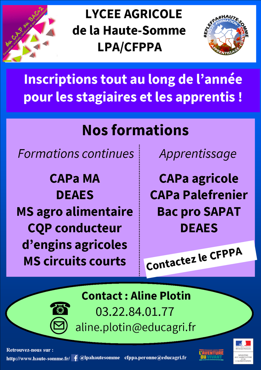 Projet_LumoS's tweet photo. [Entrées en continue pour l'apprentissage et la formation continue]
Une formation vous intéresse? Contactez le CFPPA! 

#EPL #EPL_Haute_Somme #CFPPA #UFA #formations_continues #apprentissage https://t.co/iWeLANLCmr