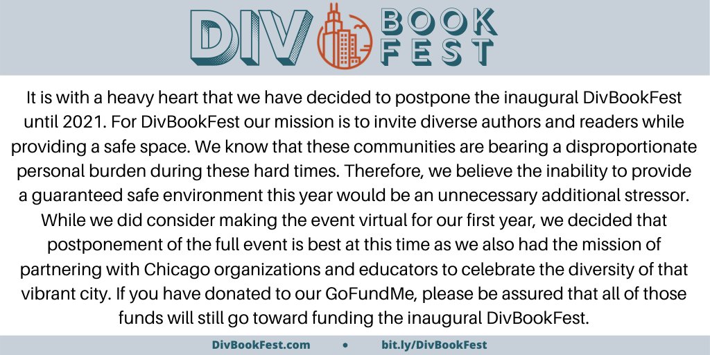 DivBookFest (@divbookfest) on Twitter photo ANNOUNCEMENT: 
It is with a heavy heart that we've decided to postpone the inaugural #DivBookFest until 2021. We believe the inability to provide a guaranteed safe environment this year would be an unnecessary stressor. We hope to bring an amazing festival to everyone next year! ANNOUNCEMENT: 
It is with a heavy heart that we've decided to postpone the inaugural #DivBookFest until 2021. We believe the inability to provide a guaranteed safe environment this year would be an unnecessary stressor. We hope to bring an amazing festival to everyone next year!