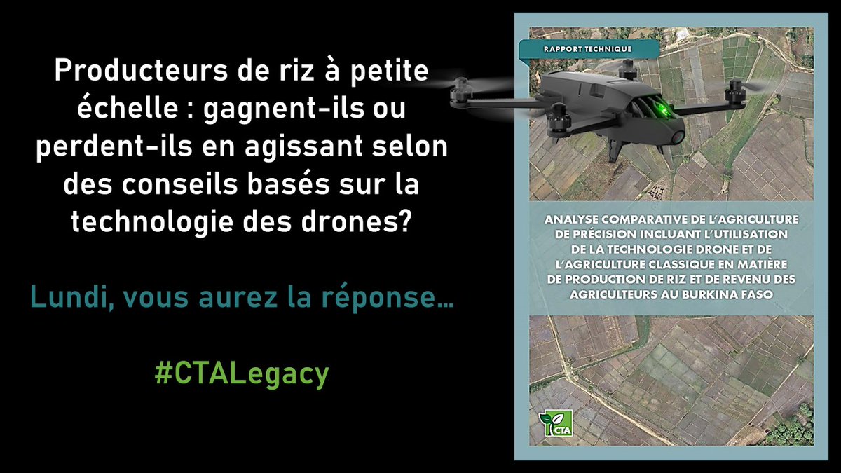 Dans le cadre du projet "Les yeux dans le ciel pour des technologies intelligentes au sol", CTA a financé des projets de #recherche pour mieux comprendre les coûts et avantages de la technologie des #drones au service des #petitsexploitants. Publication à venir 📚
#CTALegacy