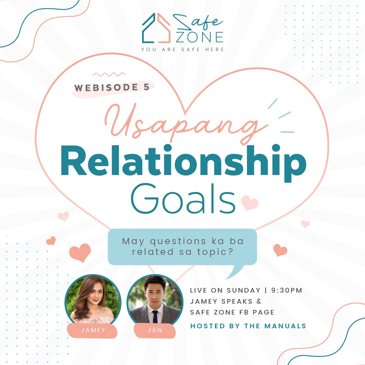 jameysantiago_'s tweet photo. Another exciting topic this Sunday, mga ka-Safe Zone. Good news! Usapang Relationship Goals tayo this Sunday. Gusto mo yun? π₯°
See you on Sweet Sunday Tambayan 9:30 pm sa Jamey Speaks and Safe Zone facebook page. See ya! β¨ #SundaySafeZone https://t.co/A68GLW1PIO