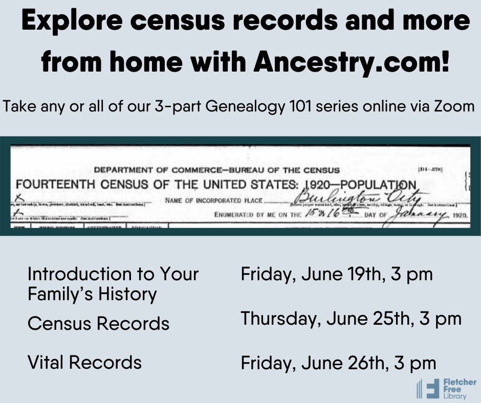 Program highlight: Genealogy 101 using Ancestry.com.  Sign up here: fletcherfree.org/content/geneal…