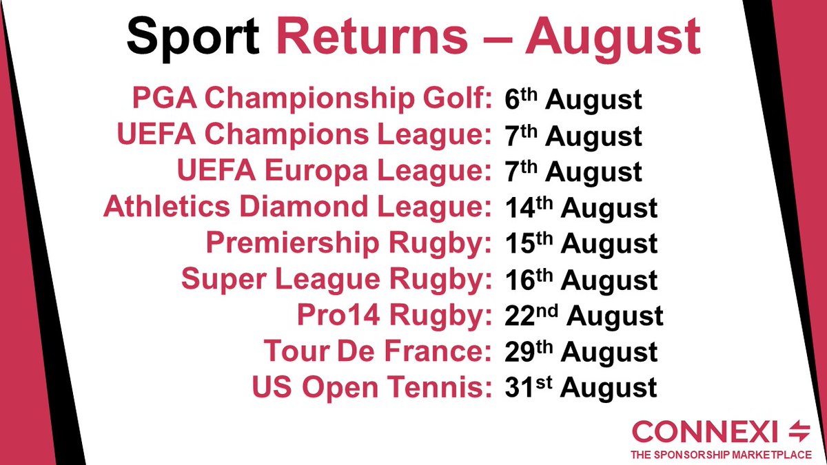 ConnexiPlatform's tweet photo. Sport is returning this summer.

Here are some of the dates to look out for: https://t.co/K7CLbiz6Ua