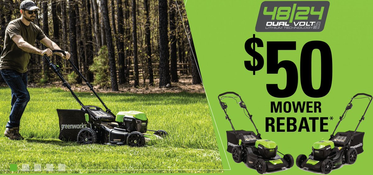 GWCvirginia's tweet photo. Wanna #shoplocal and still save big? Get a $50 rebate when you purchase a #Greenworks 48volt mower with Dual Volt Lithium Technology. Contact your local dealer to learn about the benefits of the dual volt system and how you can save big TODAY! #GoGreen https://t.co/AXuLWnu09F https://t.co/Gxq8KqvheK