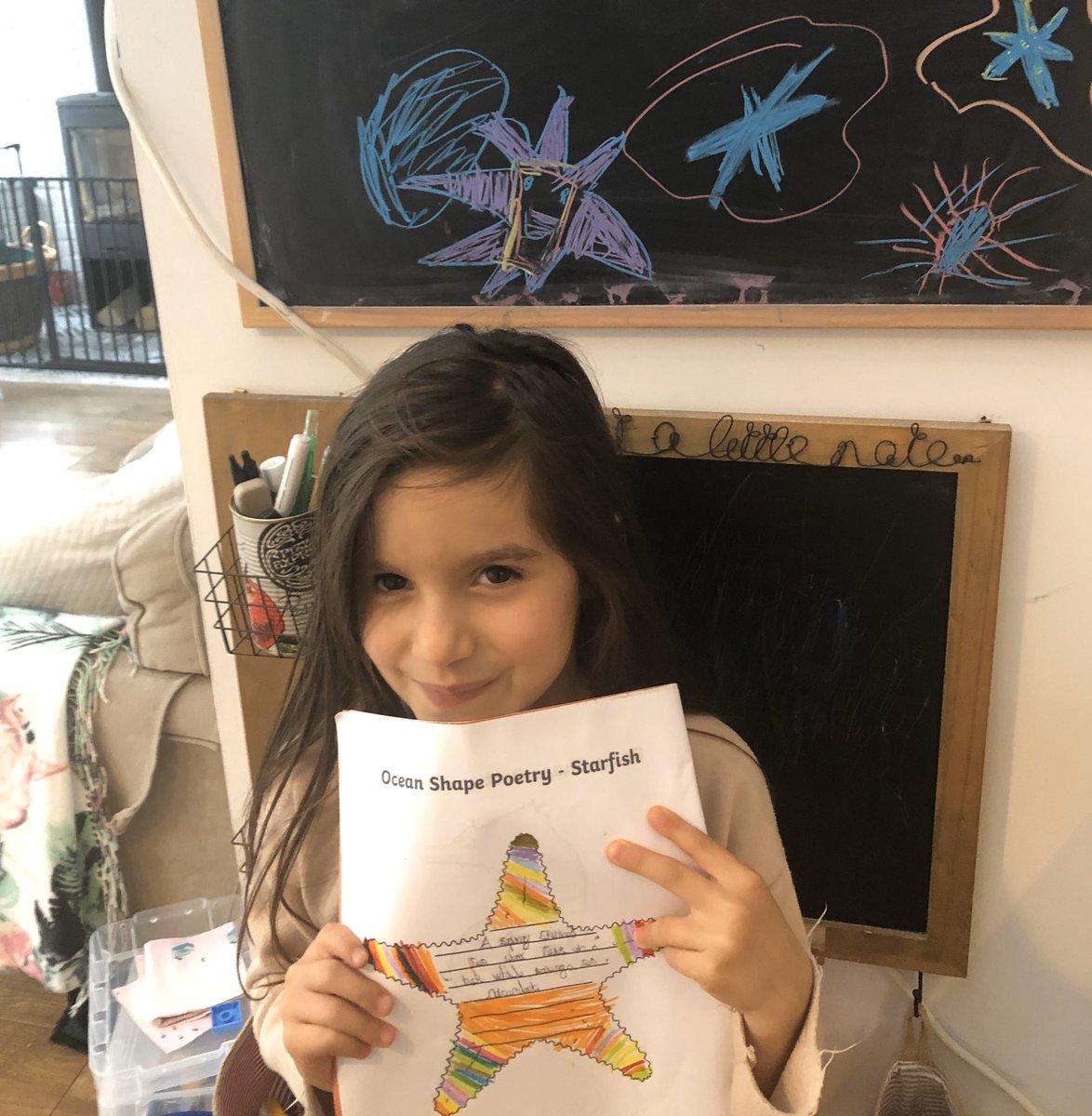 thubelina's tweet photo. @EastfieldPS #eastfieldbettertogether We tried to imagine that we are “Under the sea” and we explored sea 🦀🐙🐡🐠creatures. Made some drawings in our chalkboard. Marianthi wrote a poem about a starfish! Have a nice weekend.🙏 https://t.co/xQ2a6n5Hh6