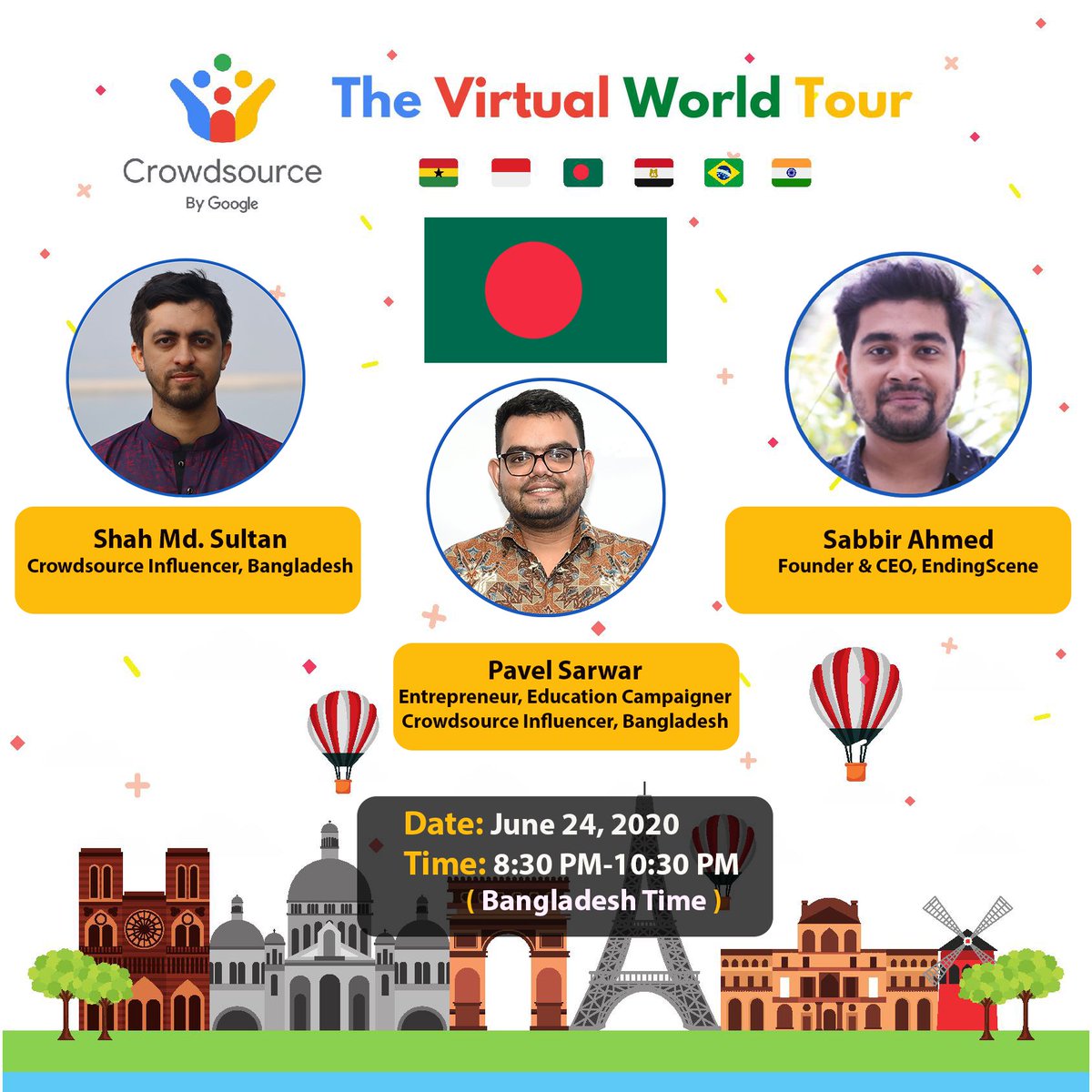 CrowdsourceBD's tweet image. Dear Crowdsource contributors and influencers, We are going to arrange Google Crowdsource Virtual World Tour for Bangladesh 🇧🇩

Registration link: bit.ly/CSvirtualworld… 

Please join us and it will be great 😍

#GoogleCrowdsource 
#CrowdsourceByGoogle 
#HappyGoogleCrowdsourcing