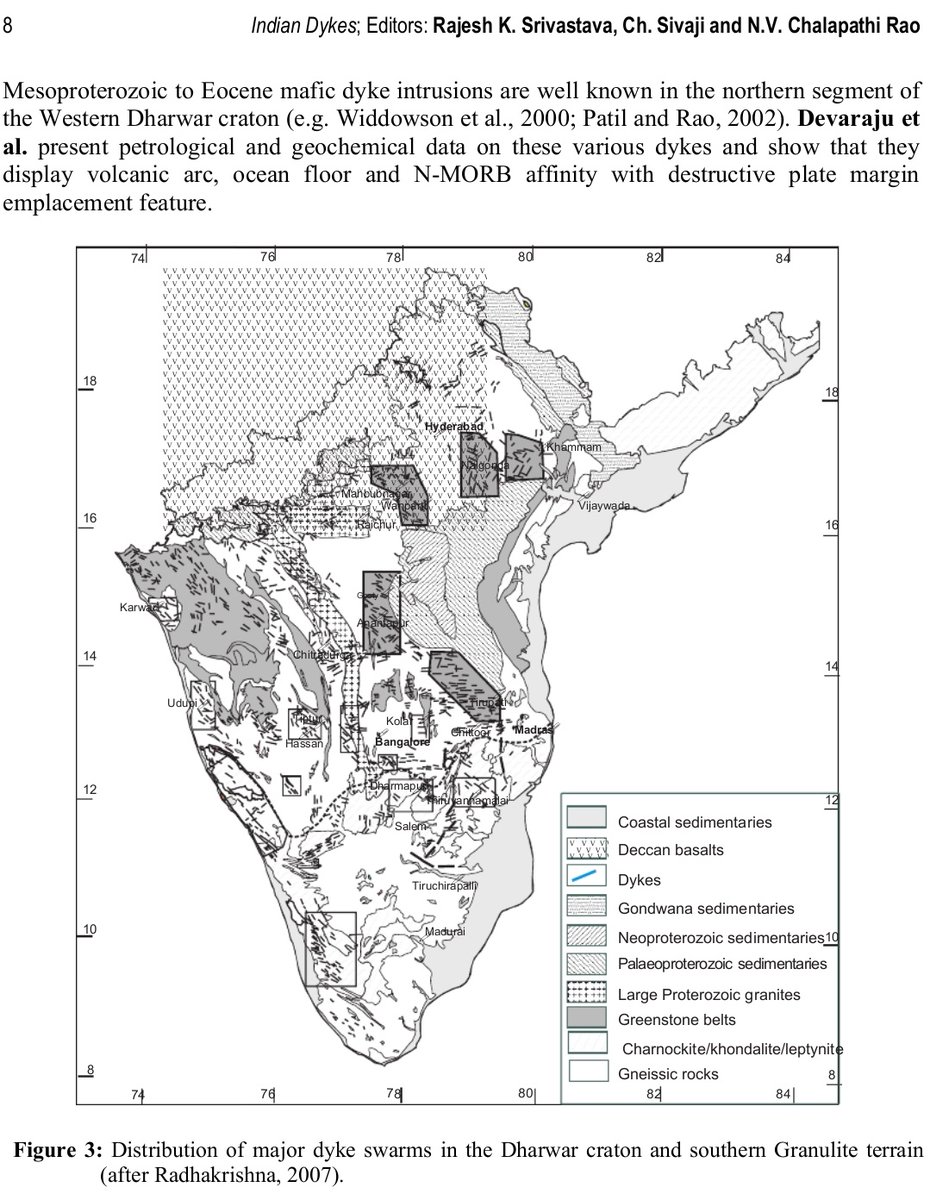 On the Indian subcontinent, there are several regions where dykes occur (maps below).Dykes exhibit different geochemical features that can help understand their formation.The Eastern Dharwad Craton, covering parts of  #Karnataka &  #AndhraPradesh has distinct magmatic dykes.