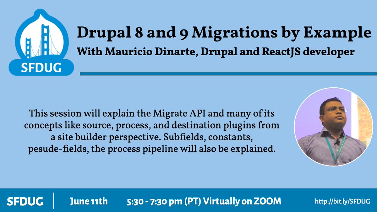 BADCamp's tweet photo. Last night's #SFDUG #Drupal 8 and 9 Migrations by Example presentation is now on YouTube!
Thanks @dinarcon for the thorough run-through!!
https://t.co/ZDSVrXNGiP https://t.co/Vlsp8fnl3i