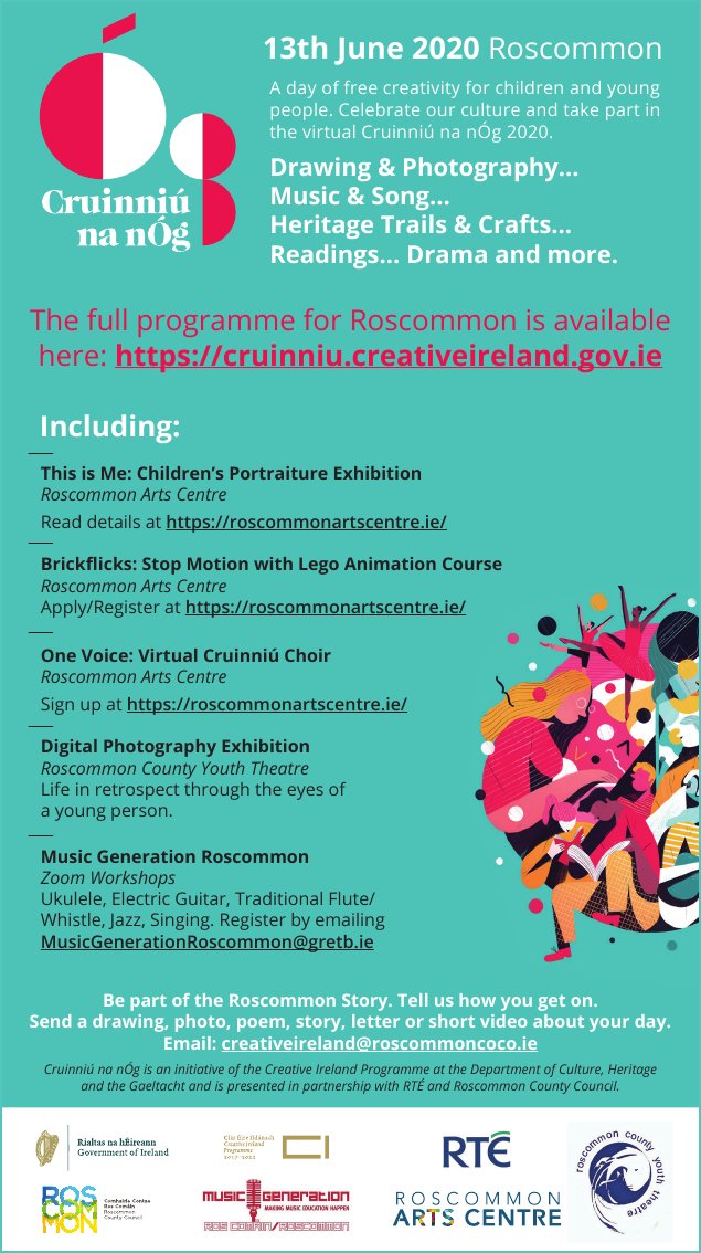 roscommoncoco's tweet photo. Are you ready for Cruinniú na nÓg!
Start planning your day now & log onto https://t.co/TtYTNod3hl
Be part of #Roscommon Story & your photo/story could feature in next week’s @RoscommonHerald
Email: creativeireland@roscommoncoco.ie by Sun 14th to meet print deadlines https://t.co/pQkH7wmADp