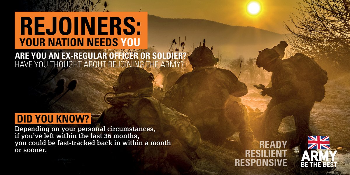 Did you voluntarily leave the Regular Army in the last 3 years with 2 years or more left to serve? If the answer is ‘yes’, then you could be fast tracked back into the Army in 4-weeks or less. Apply to rejoin now. For more details and to apply: ow.ly/M3DG50A5THA