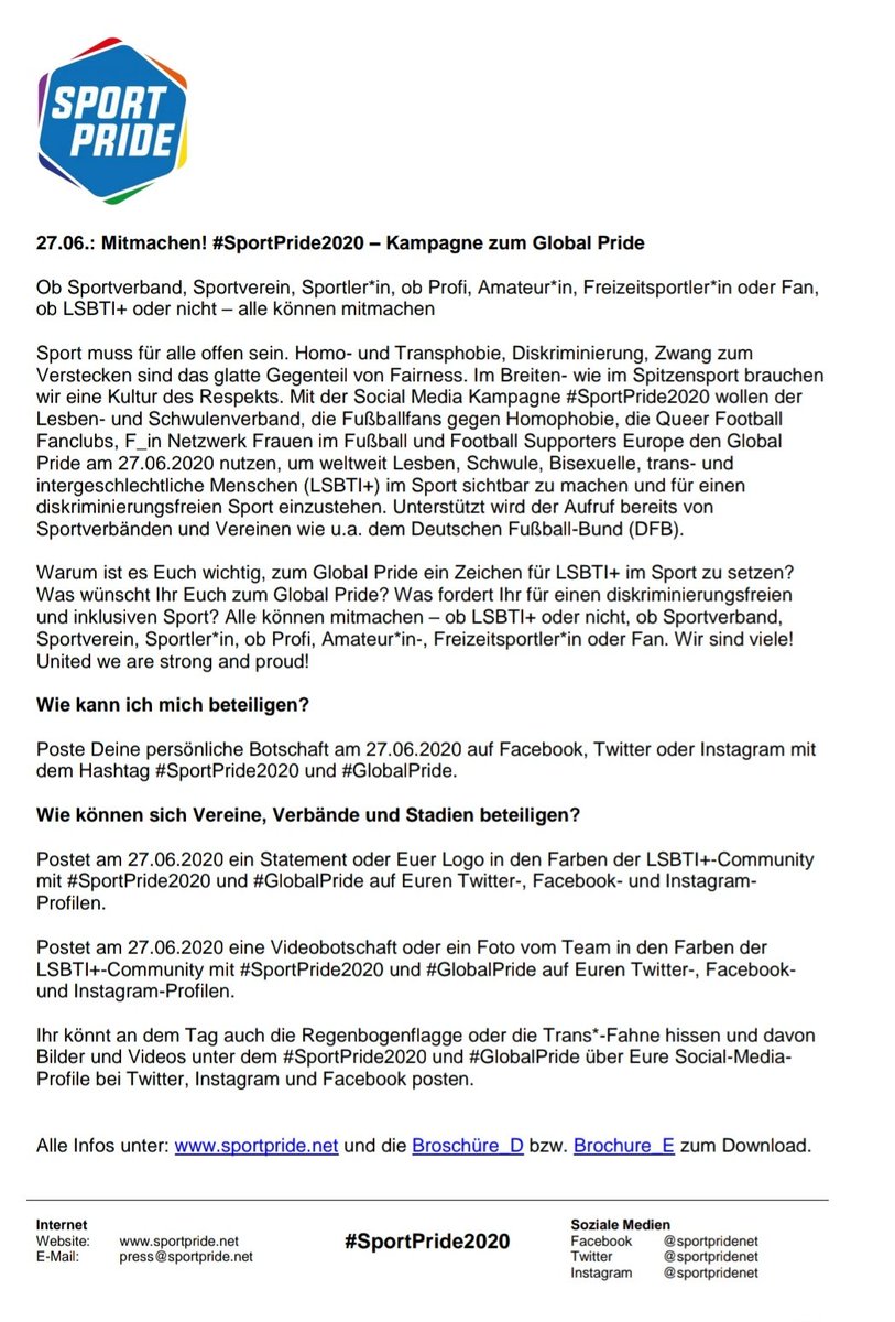 sportpridenet's tweet photo. Wir freuen uns sehr, euch unsere #GlobalPride Kampagne #SportPride2020 von @lsvd, @FFgH2014, @QFFde, @F_inNetzwerk & @FansEurope vorstellen zu dürfen. Lasst uns ein Zeichen setzen, Zwang zum Verstecken ist das Gegenteil von Fairness! #Bundesliga #Fussball #FFgH #Pride #PRIDE2020 https://t.co/IntpWvSXu3