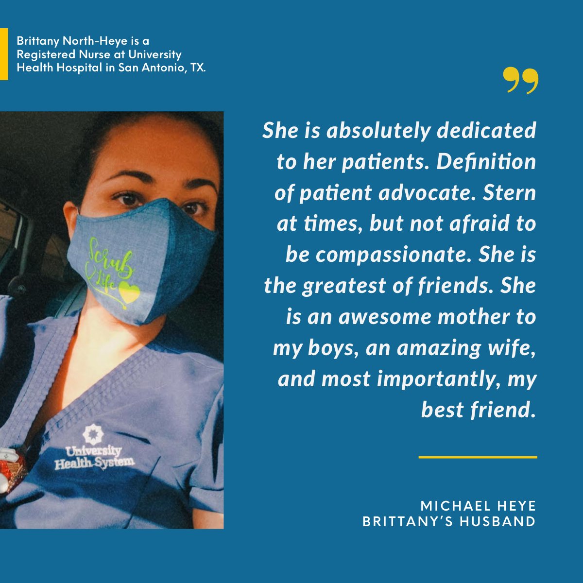 Safe2Save's tweet photo. Brittany is a registered nurse at @UnivHealthSys in San Antonio. She and her husband actually both nominated each other as heroes! Continue reading to see what her husband has to say about her!
#healthcare #healthcareheroes #unmaskingourheroes #UniversityHealthSystem https://t.co/rb1ZksoOpE