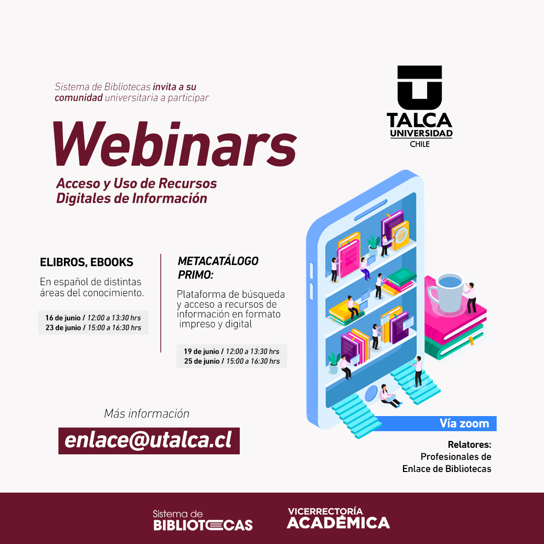 UTalca's tweet photo. Participa en los webinars y aprende recursos digitales de información, tales como descargar artículos y ebooks en español 📰 y realizar búsquedas en la colección virtual e impresa de las Bibliotecas #UTalca 🔍 Inscripciones en ➡️ https://t.co/KyWHViFE7r https://t.co/tFhdB9rbox