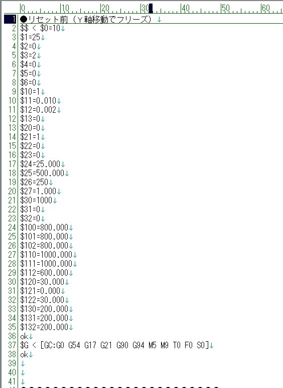 でべ 焦った Cncのｙ軸モータ動かすとフリーズするようになった 初期化 Rst で直った ふう リセット前後の コマンドでパラメータ比較したら 121 Y軸スピードがいつの間にか 0になってた 参考 T Co Gjcsaxfqm0 Grbl 1 1 マニュアル