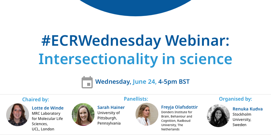 eLifeCommunity's tweet photo. Join us for our next #ECRWednesday webinar to learn and continue the discussions about diversity and inclusion in science using an intersectional approach – produced by @biologigal3 featuring @HainerLab @FOlafsdottir @lotte_dewinde #IntersectionalitySTEM

https://t.co/1nxSPzgK8J https://t.co/83JUvpbJs5