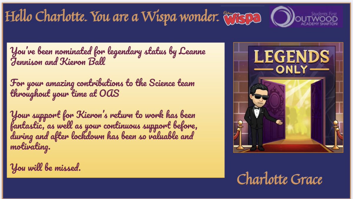 cegrace6's tweet photo. #wispawonder on my last official day @OutwoodShafton 🥰 Thank you to @LeanneJennison &amp; Mr Ball for this nomination, to @OAS_science &amp; whole academy - can’t say thank you enough! Incredible community to belong to! Now it’s @OutwoodIE FT! 🤩 #bestacademy #TeachNorth #traintoteach https://t.co/Wo49WusMf6