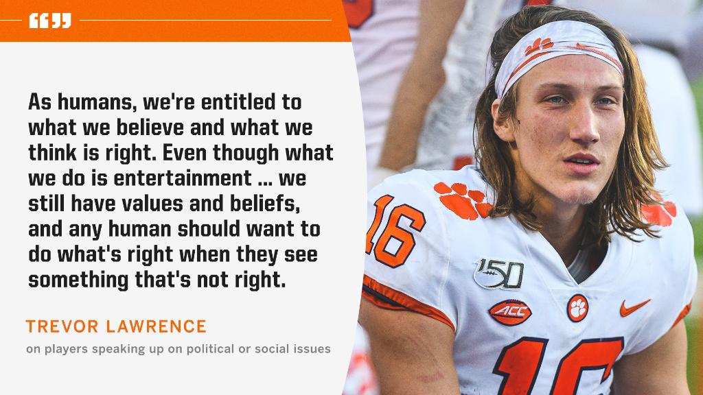 ESPNCFB's tweet photo. Trevor Lawrence acknowledges there may be backlash from fans who don't believe players should be speaking up on political or social issues. https://t.co/gY1kDjUG95