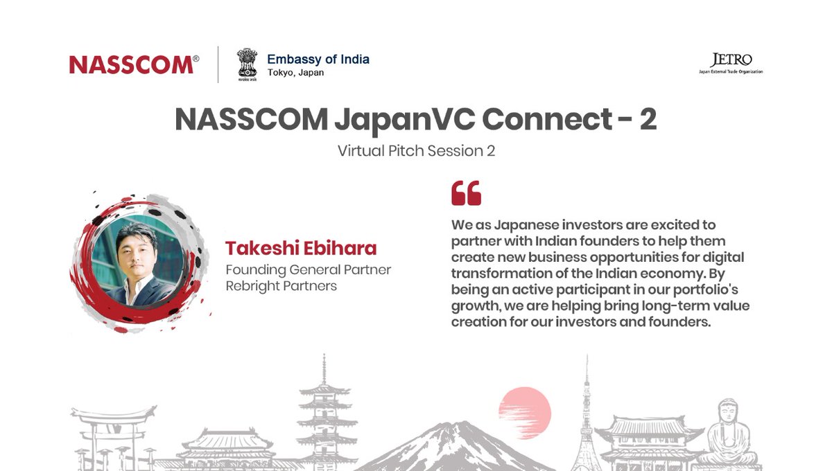 nasscomstartups's tweet photo. .@TakeshiEbihara, Founding General Partner, Rebright Partners, shared his experience and insight of how Japanese corporations and Indian #startups can work together, at the @nasscom JapanVC Connect - 2.
#JapanVCConnect https://t.co/hfZKJWMmi9