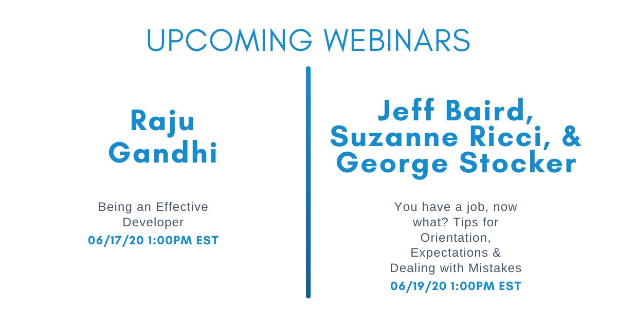 To register for @looselytyped's webinar on being an effective developer, visit: hubs.ly/H0qz_Vd0  To register for the webinar with @sirjeffofbaird, @SuzanneRicci, and @gortok on how to get oriented in a new job, visit: hubs.ly/H0qB5J00