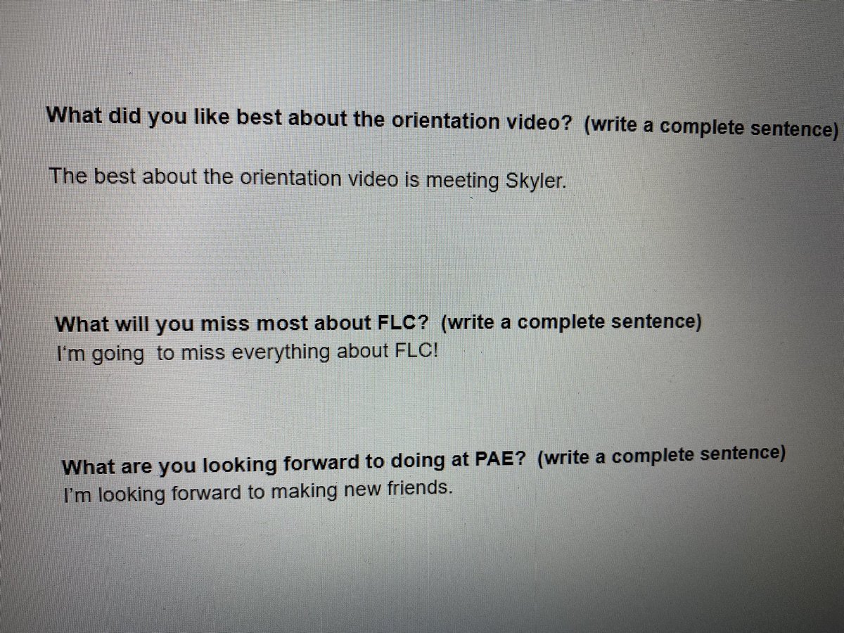 Lazaro_FLC's tweet photo. Today, 2nd graders had a virtual orientation where they got a tour of their new school, learned about the 3rd grade teachers, and had some questions answered. They even saw our FLC mascot and the PAE mascot. Students then had to write what they liked best from their orientation. https://t.co/jafYVUZVOU